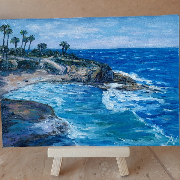 Peinture à l'huile de La Jolla Cove, miniature 3D originale de l'océan Pacifique, oeuvre d'art rectangulaire de plage de Californie, cadeau de décoration fait main empâtement
