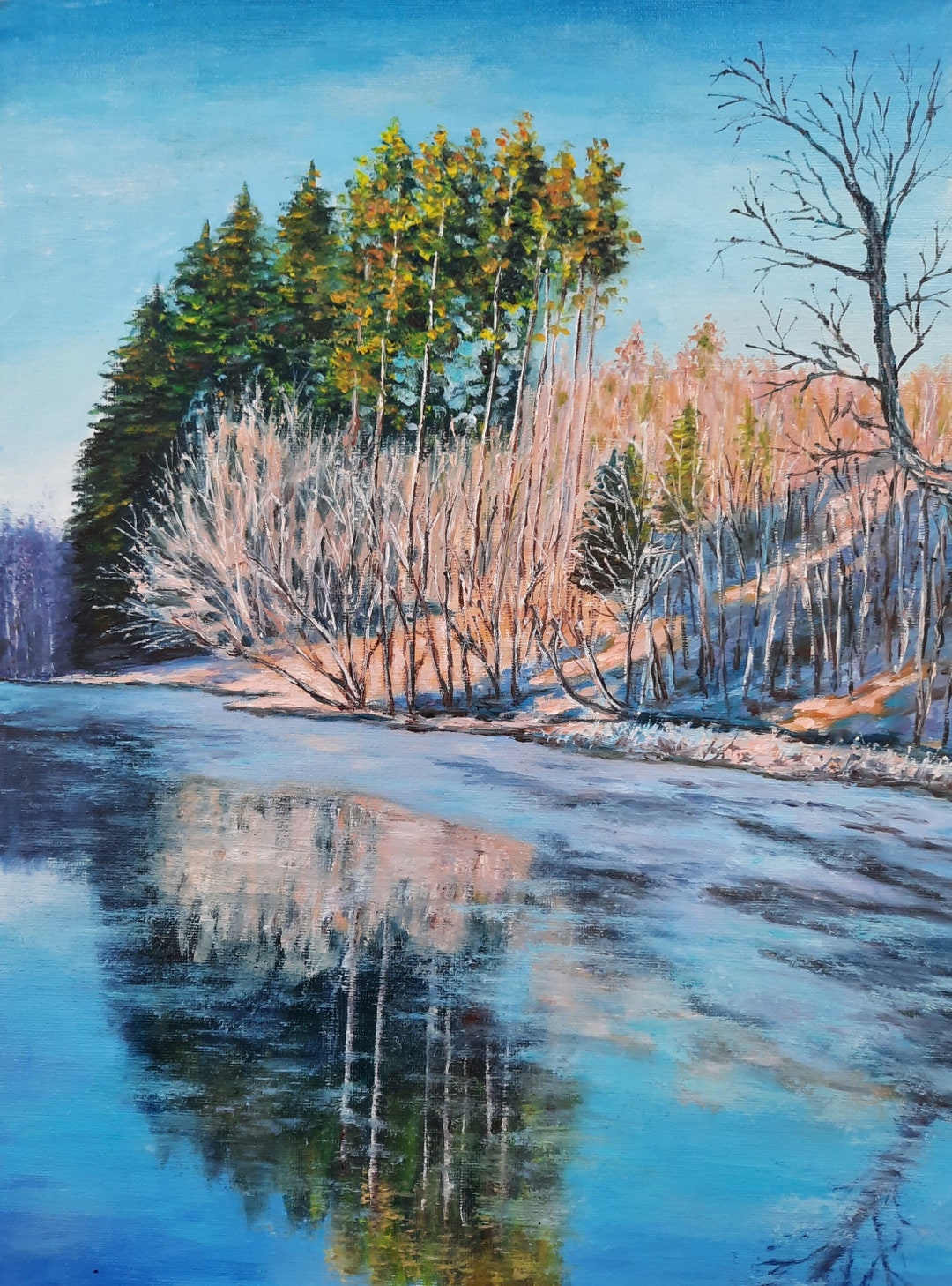 March Landscape Color Original Spring Lake Original Oil Painting, Signed March Landscape Art ...