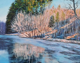 Peinture à l'huile de paysage au début du printemps, décoration originale de glace sur le lac, art mural fait main forêt nature mars, cadeau d'anniversaire de pendaison de crémaillère