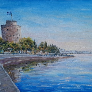 Pintura al óleo de la Torre Blanca de Tesalónica, miniatura original del paisaje urbano de Grecia, obra de arte de viaje por mar, regalo de decoración del hogar hecho a mano con paisaje marino para un amigo