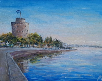 Thessaloniki White Tower oil painting, Greece cityscape original miniature, sea marina artwork, seascape handmade home decor gift for friend