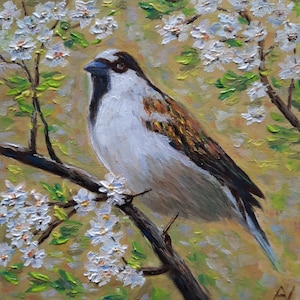 Peinture à l'huile originale de moineau, oeuvre d'art de minuscule oiseau, art mural fait main de cerisier en fleurs, décoration d'oiseau sur un arbre, cadeau mignon d'observateur d'oiseaux 3D