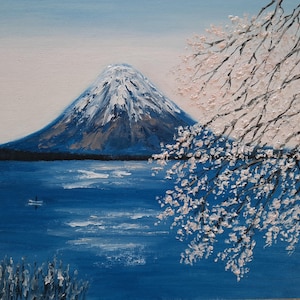 Peinture à l'huile originale du mont Fuji, peinture à l'huile japonaise signée du printemps sakura en fleurs, oeuvre d'art 3D rose matinale du lac oriental Yamanaka