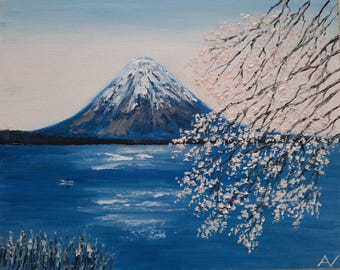 Mount Fuji original oil painting, blooming sakura spring Japan signed oil painting, Oriental lake Yamanaka pink morning 3D handmade artwork