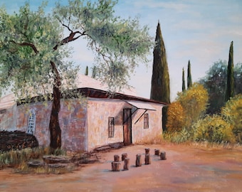 Mount Athos Original Oil painting, St Paisios Panagouda Building Handmade Art 30 x 40 cm, Greek Orthodox Christian Gift for Christ Believer