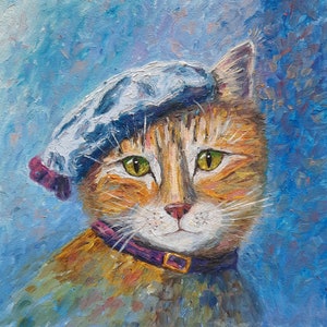 Peinture à l'huile originale de chat philosophe, oeuvre d'art signée le chat au chapeau, portrait de chat doux et impertinent de style Van Gogh, cadeaux mignons d'amis