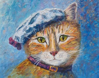 Ingwer Katze Ölgemälde, süße impressionistische Miniatur, Tier mit Hut handgemachtes Kunstwerk, Van Gogh Stil Geburtstagsgeschenk, niedliches Katzenportrait