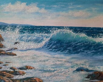 Made to order ocean wall art, blue sea oil painting, rocks waves home decor, nature landscape handmade artwork, 3D seascape birthday present