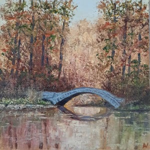 Peinture à l'huile originale de pont d'automne à vendre, oeuvre d'art de palette de couleurs calmes de lac de parc 3D, cadeau d'amis de paysage de rivière de forêt d'arbres