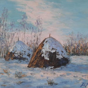 Peinture à l'huile originale de botte de foin d'hiver, oeuvre d'art signée de paysage enneigé de soirée glaciale, cadeau d'empâtement de lieux pittoresques de nature rurale 3D d'un ami