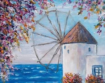 Greek Windmill Original Oil Painting: Handmade Santorini Seascape, Bougainvillea Art, 6x6" Mini Gift for Greece Enthusiast, Happy Wall Art