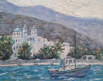 Greece original oil miniature, church small painting, seascape nature mountains boat artwork, Greek islands landscape decor birthday gift