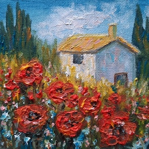 Peinture à l'huile originale de coquelicots, paysage de Toscane en Italie signé art original miniature à vendre, cadeau d'été de fleurs rouges 3D bonne ambiance pour elle