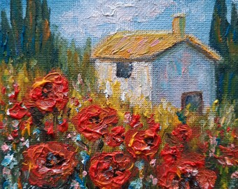 Impasto Poppies Original Oil Painting, Tuscany Landscape Miniature, 3D Cottagecore Decor, Rustic Italian Countryside Artwork Gift for Granny