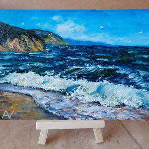 Pintura al óleo original de marea marina, gran ola azul texturizada en miniatura, pequeña obra de arte de caballete, regalo para él, paisaje marino escénico con empasto natural a la venta