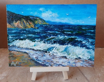 Sea tide original oil painting, big blue wave textured miniature, small easel artwork gift for him, seascape nature impasto 5x7 inch present