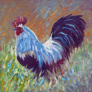 Pintura al óleo original de gallo, obra de arte hecha a mano firmada por pollo, arte impresionista de pájaros, decoración del hogar linda y realista, regalo de vida en la granja de un amigo
