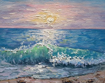 Zonsondergang op zee olieverfschilderij, blauwe oceaangolf originele miniatuur, rechthoekig kartonnen zeegezicht, impressionistische natuur impasto cadeau voor vriend