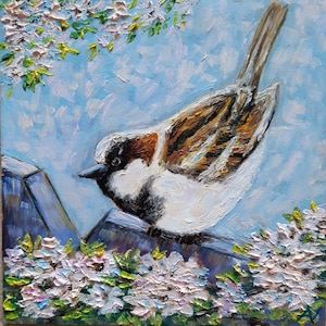 Peinture à l'huile originale de moineau, oeuvre d'art animalière miniature de scène de printemps de cerises en fleurs, petit oiseau 3D pas cher pour amoureux des oiseaux