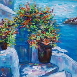 Peinture à l'huile originale de chat grec, oeuvre d'art faite main de Santorin en Grèce, miniature de beau paysage de mer bleue, art 3D de porte bleue de bâtiment blanc