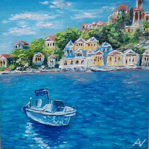 Peinture à l'huile originale de l'île de Symi, oeuvre d'art 3D faite main de paradis grec sur la mer bleue, miniature de paysage marin de bateau blanc de vacances en Grèce 12,5 x 12,5 cm