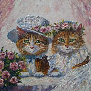 Peinture à l'huile originale de chats de mariage, anniversaire 3D signé ensemble heureux jour félicitations idées de cadeau de couple uniques pour les jeunes mariés lui elle