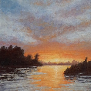Pintura al óleo original de puesta de sol dorada a la venta, paisaje de lago, naturaleza, río, lugares escénicos en 3D, obra de arte firmada hecha a mano, regalo de un amigo
