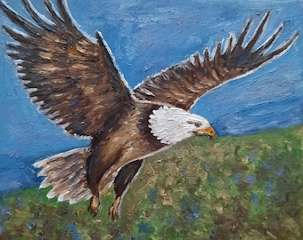 Bald Eagle Original Oil Painting, Signed Handmade Miniature Bird Art, American Wildlife Wall Decor Gift for Nature Enthusiast, Patriotic Art