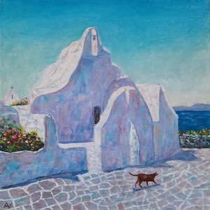 Peinture à l'huile originale de l'église de Paraportiani, oeuvre d'art signée par temple chrétien orthodoxe de Mykonos, Grèce, oeuvre d'art architecturale grecque 3D à vendre