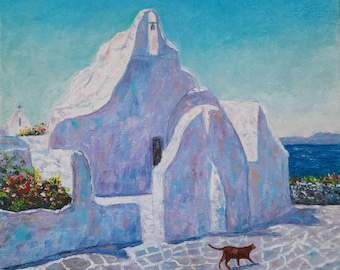 Mykonos Church Original Oil Painting, Famous Greek Architecture, Panagia Paraportiani Signed Artwork
