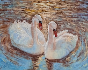 Swans original oil painting: romantic gift for couple