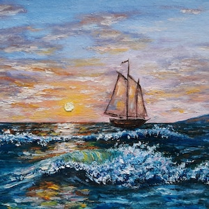 May include: Oil painting of a sailboat on the ocean at sunset. The sky is a mix of blue, orange, and pink hues, with the sun setting on the horizon. The waves are a deep blue, with white crests. A small island is visible in the distance.
