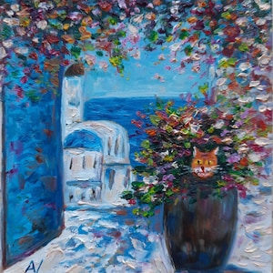 Peinture à l'huile originale d'île grecque, miniature de Santorin, oeuvre d'art signée de chat bougainvillier, art mural animal drôle, décor de paysage d'empâtements 3D