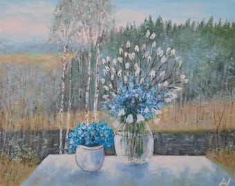 Spring morning original oil painting, dreamy flower bouquet artwork gift for her, Mother's day present