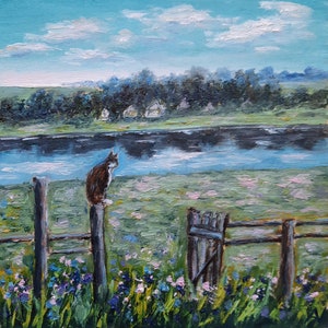 Peinture à l'huile originale de scène de village, art mural de champ de lac de rivière de paysage, oeuvre d'art de forêt de fleurs de chat, miniature 3D de jour d'été de nature rurale