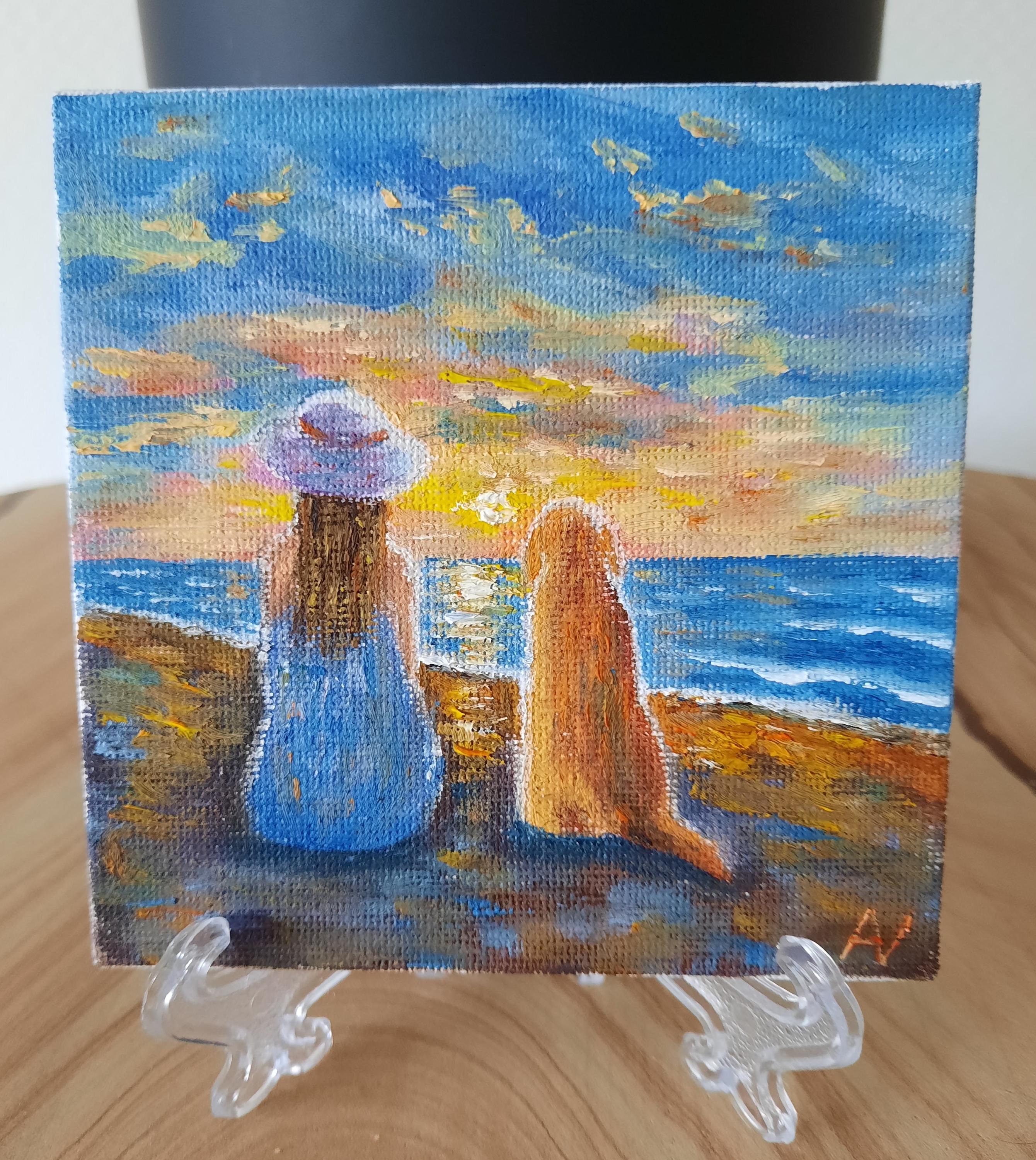 Beach sunset original oil painting, lady in hat, orange labrador, romantic seascape mini canvas signed painting, meaningful friendship gift