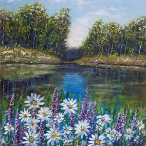 Escena de verano pintura al óleo original, arte de pared de flores de manzanilla, obras de arte realistas del paisaje del bosque del lago, regalo optimista de decoración del hogar de buen humor