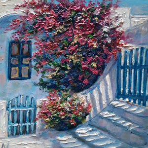 Peinture à l'huile originale de paradis grec, oeuvre d'art signée de bougainvilliers 3D de la Grèce, cadeau d'art mural fait main de clôture bleue de fleurs d'ombre et de lumière
