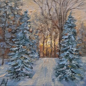 Peinture à l'huile originale de forêt d'hiver à vendre, oeuvre d'art signée 3D au pays des merveilles d'hiver, cadeau d'humeur tranquille de paysages enneigés d'arbres de Noël