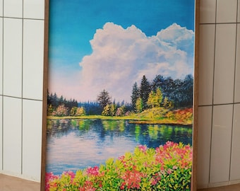 Summer day original oil painting, pink flower wall art, huge cloud forest lake handmade artwork, mothers day 2024 housewarming birthday gift