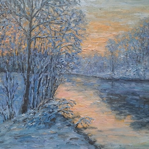 Peinture à l'huile originale d'hiver, art signé paysage enneigé réaliste coucher de soleil sur la neige, empâtement 3D fait main cadeau de temps gelé du nouvel an d'un ami