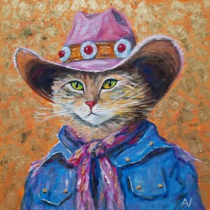 Peinture à l'huile originale de chapeau de cow-girl rose, le chat dans le chapeau feuille d'or oeuvre d'art dame chat autonomisation de la femme shérif chat art féministe cadeau mignon