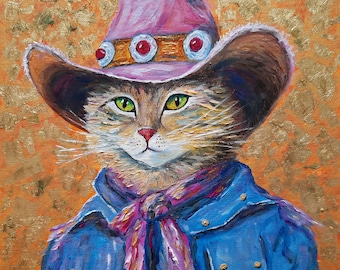 Pink Cowgirl Cat Original Oil Painting, Miniature with Gold Leaf Western Glam Dopamine Wall Art Cute Kitty Artwork Gift, Funny Cat Portraits