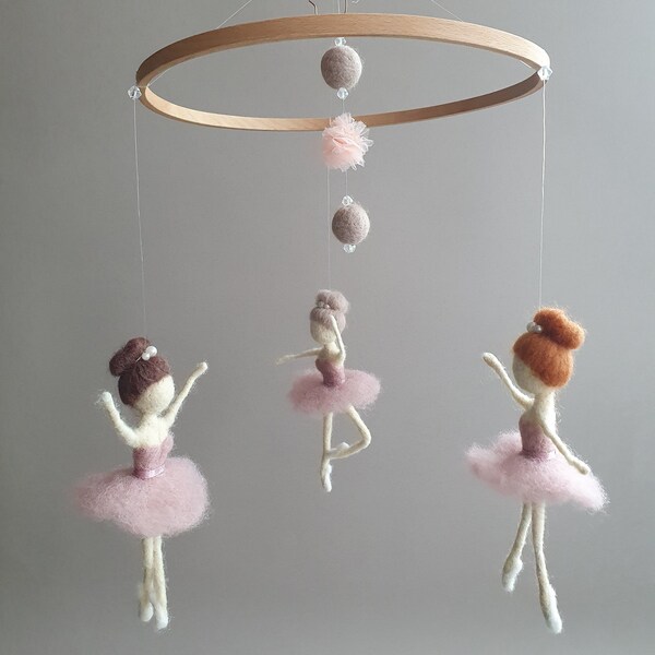 Baby mobile ballerina, Mobile girl pink, Baby mobile girl,Baby mobile hanging, Baby crib mobile pink, Mobile felting, Wool mobile.