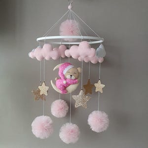 Pink Bear Baby Mobile: Felt Moon & Stars Crib Decor