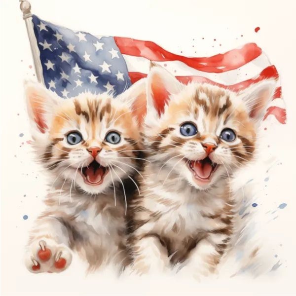 Adorable Two Happy Kittens with USA Flag Clipart - High Quality PNG, Perfect DIY Party Invitations, Decor and Scrapbook - Americana Inspired