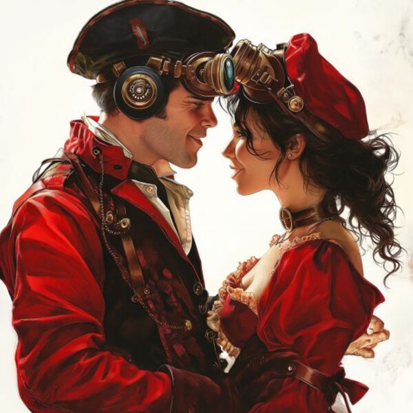 Steampunk Valentine Printable: Romantic Couple in Fancy Attire, Perfect for DIY Projects & Invitations - 300 DPI PNG