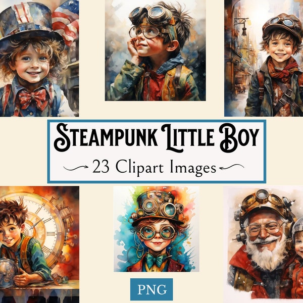 Steampunk Little Boy Clipart Bundle - 23 Enchanting Watercolor Illustrations for Crafting