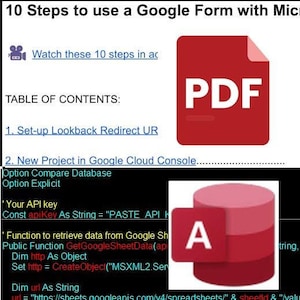 Op de afbeelding: Een screenshot van een computerscherm met een tutorial over het gebruik van een Google Formulier met Microsoft Access. De tutorial bevat een inhoudsopgave, een PDF-pictogram en een databasepictogram. De tekst op het scherm bevat de zinnen "Set-up Lookback Redirect UR" en "New Project in Google Cloud Console."