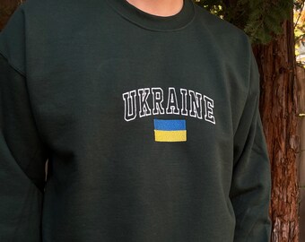 Ukrainian Flag Embroidered Sweatshirt, Forest Green Sweater